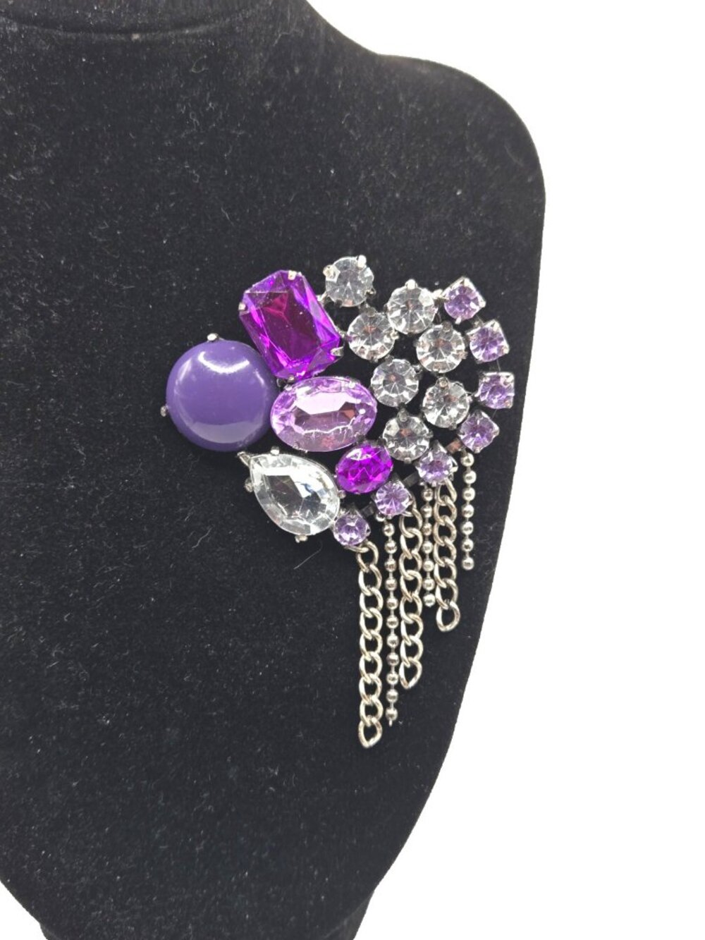 Vintage Purple Rhinestone Cascade Fringe Brooch Lavender Statement Jewelry